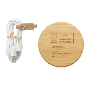 Chargeur sans fil 5W rond en bambou FSC - Compatible QI Puissance 5W personnalisable