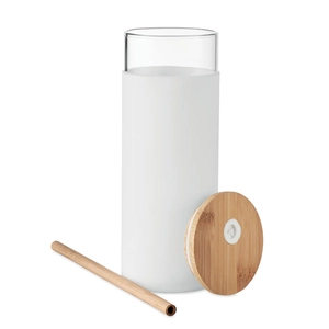 Gobelet en verre borosilicate 450 ml - avec couvercle et paille bambou personnalisable