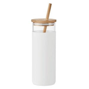 Gobelet en verre borosilicate 450 ml - avec couvercle et paille bambou personnalisable