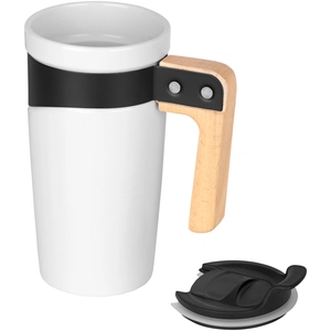 Mug céramique 475 ml avec poignée en bois naturel personnalisable