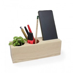 Organisateur de bureau en bois brut avec plante personnalisable