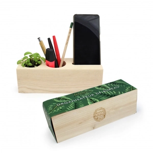 Organisateur de bureau en bois brut avec plante personnalisable