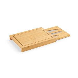 Planche en bambou avec rainure et plateau coulissant incluant 3 couteaux personnalisable