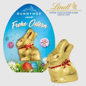 Mini lapin or Lindt dans son carton en forme d’oeuf de Pâques personnalisable