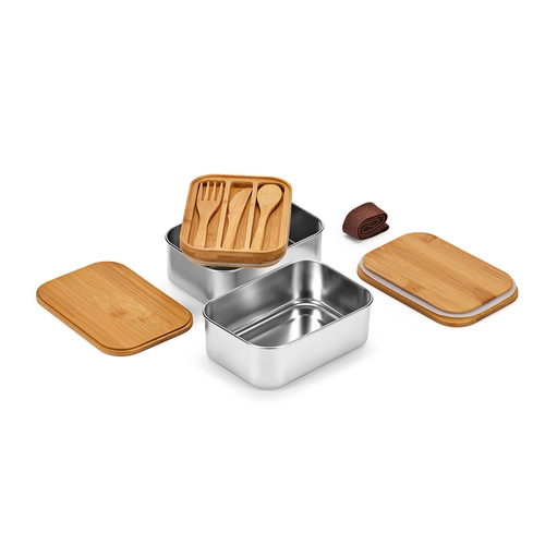 image du produit Boîte à déjeuner 1480 ml deux compartiments 1480 ml - Lunchbox en inox recyclé et couvercle bambou