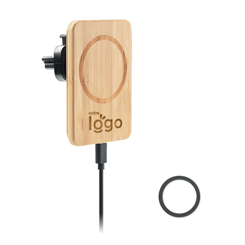 image du produit Chargeur sans fil en bambou 15W avec support téléphone pour voiture