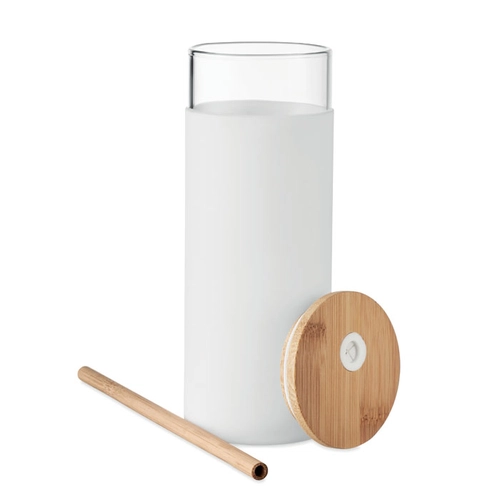 image du produit Gobelet en verre borosilicate 450 ml - avec couvercle et paille bambou