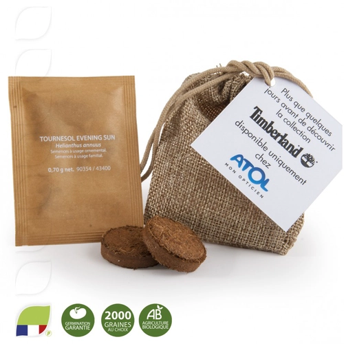 image du produit Sachet de graines et terre coco en pochon toile de jute