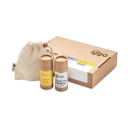 image du produit Set de voyage comprenant gel douche, shampoing et gant en coton bio